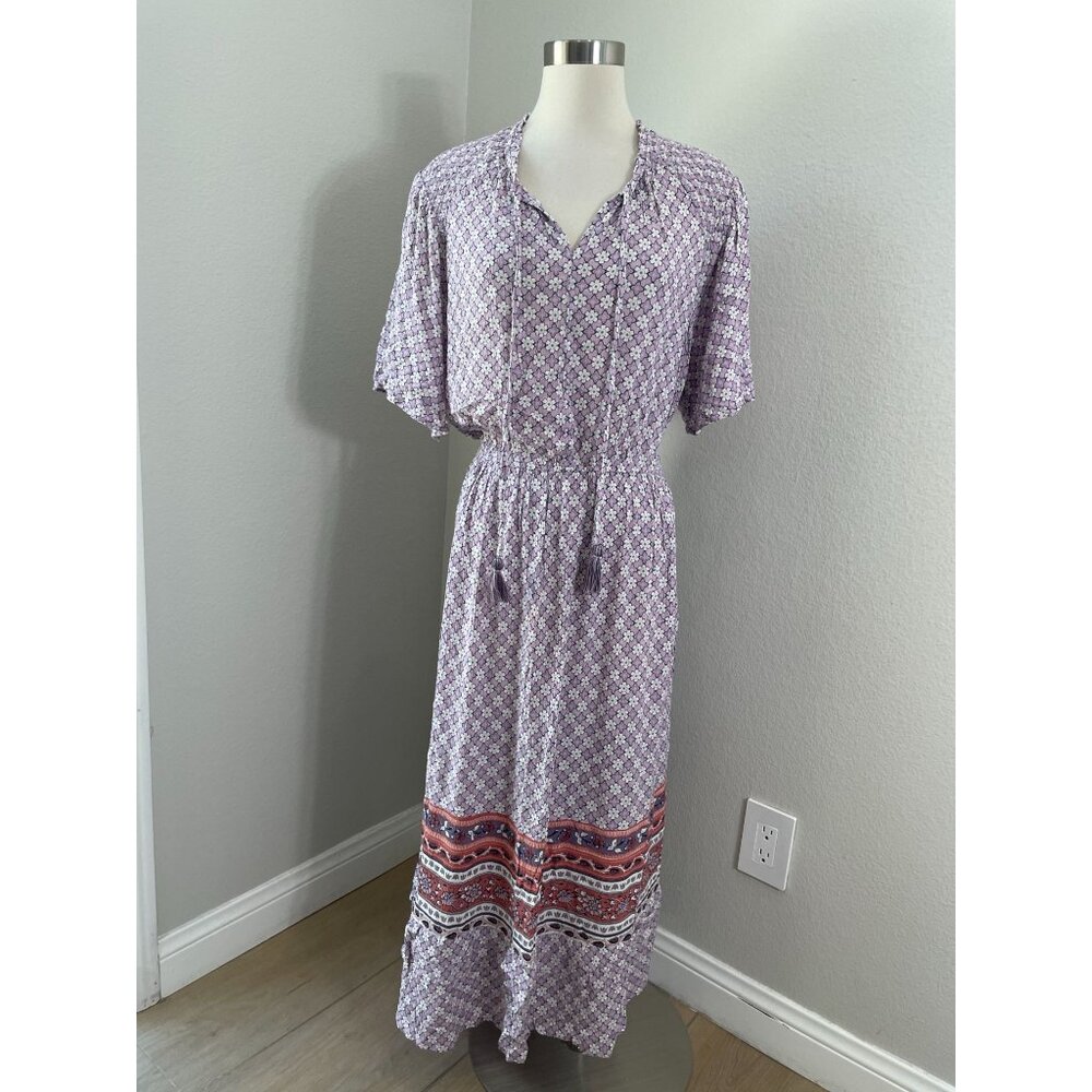 Knox Rose Womens Plus 1X Bohemian Maxi Dress Short Sleeve Tassel Tie‎ Pockets